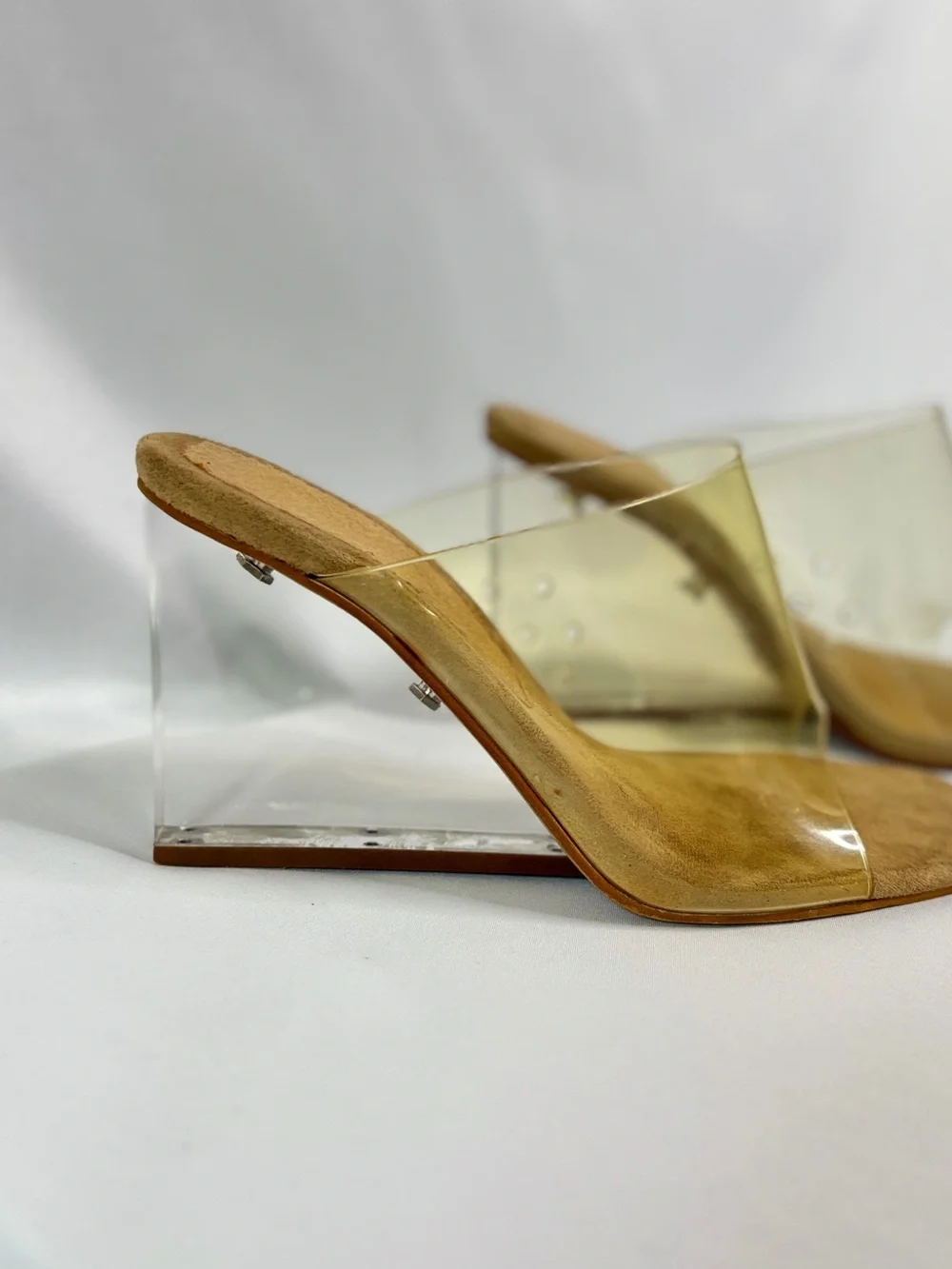 Jeffrey Campbell Clear Sculptural Wedge Slide Sandals‎ with Nude Footbed